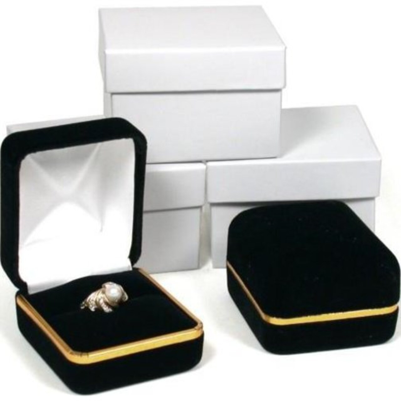 Black Velvet Ring Jewelry Gift Boxes with Brass Rim Showcase Display Kit 144 Pcs